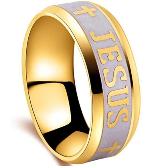 Jesus Stainless Steel Gold Plated  On Silver Ring Band - Picture 1 of 4